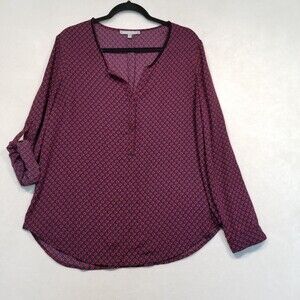 Daniel Rainn L Top Sheer Purple Geometric Print Roll Tab Sleeve Boho Lagenlook